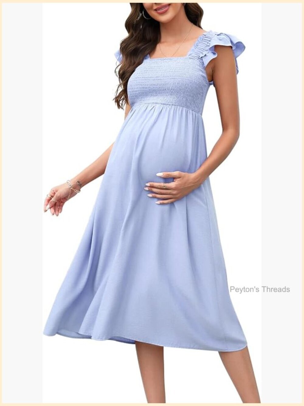 Maternity Maxi Dress Square Neck Smocked Boho Flutter Sleeve Baby Shower